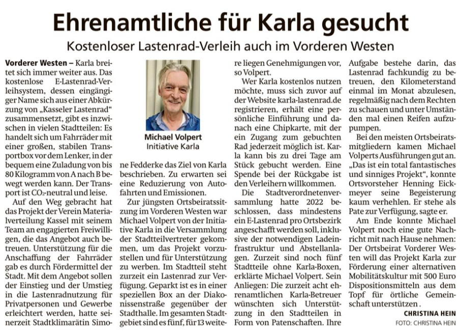 Ehrenamtliche für KARLA gesucht. HNA-Artikel vom 20.09.2025.